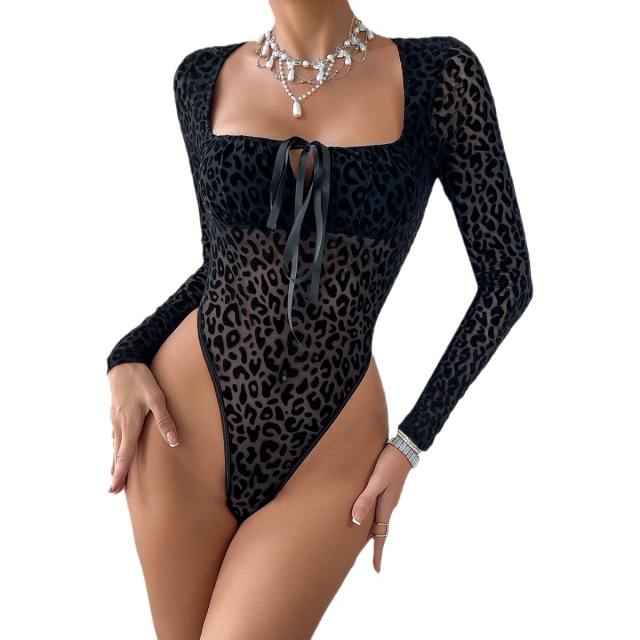 INS street sexy animal pattern flocking semi-transparent bodysuit