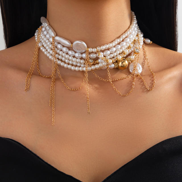 Irregular Imitation Pearl Vintage Necklace Metal Tassel High-end Stacked Choker Collar for Women