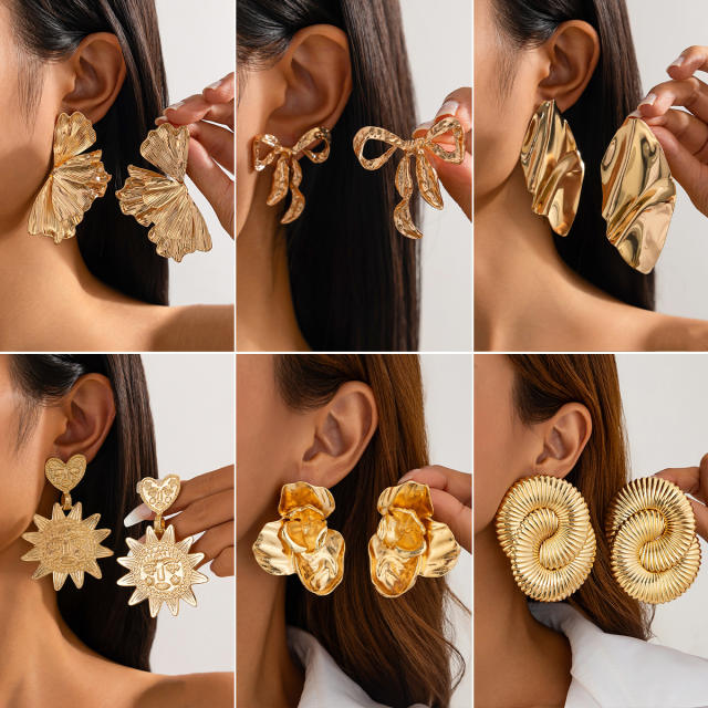 Ins Liquid Metal Irregular Pleated Flower Earrings big alloy earrings