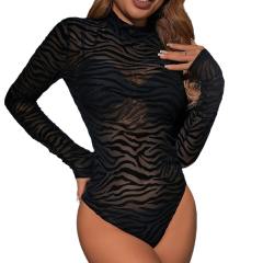 New lace mesh flocking printing perspective Sexy bodysuit for women