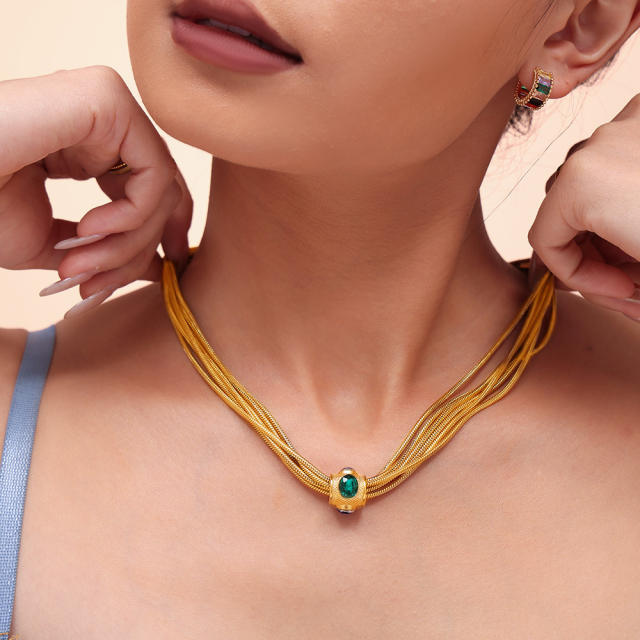Multi-Layer Chain Inlaid with Rhinestone Necklace Bracelet Titanium Steel  necklace set