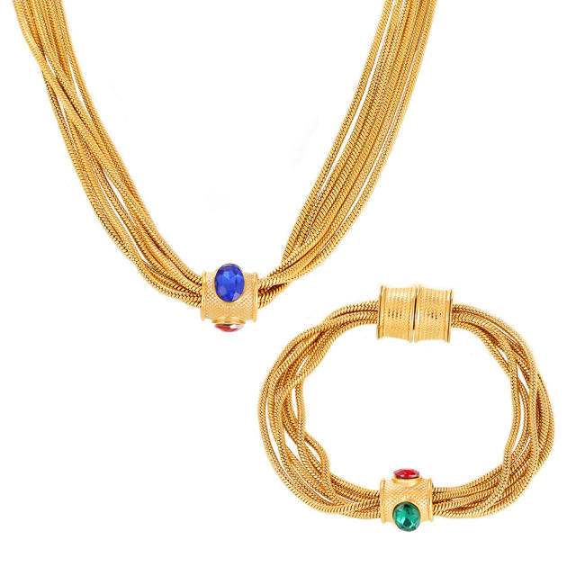 Multi-Layer Chain Inlaid with Rhinestone Necklace Bracelet Titanium Steel  necklace set