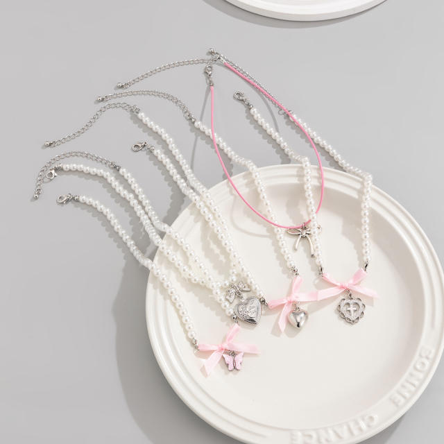 Silver heart bow charm imitation pearl bead layer necklace set