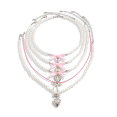 Silver heart bow charm imitation pearl bead layer necklace set