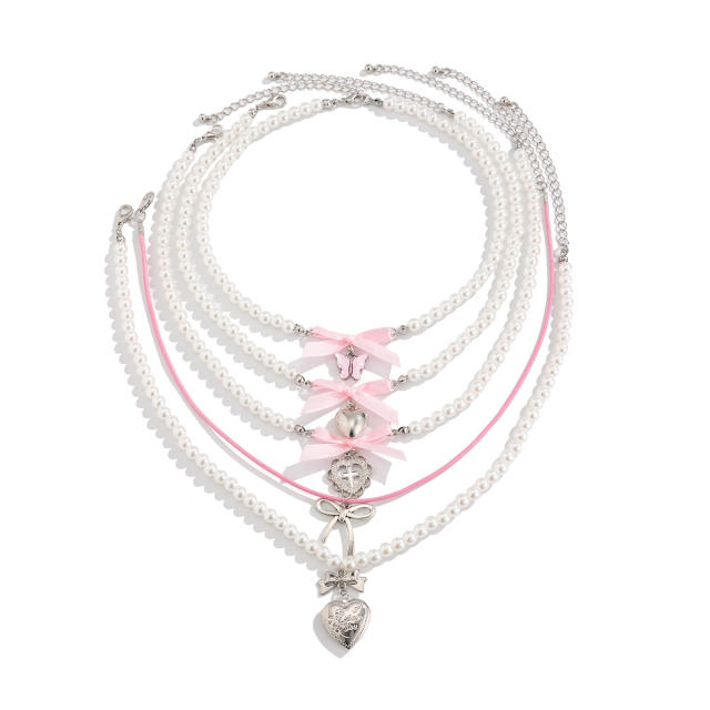 Silver heart bow charm imitation pearl bead layer necklace set