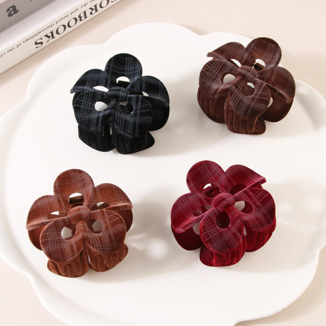 Autumn Winter College Style Plaid Flower Hair claw clips