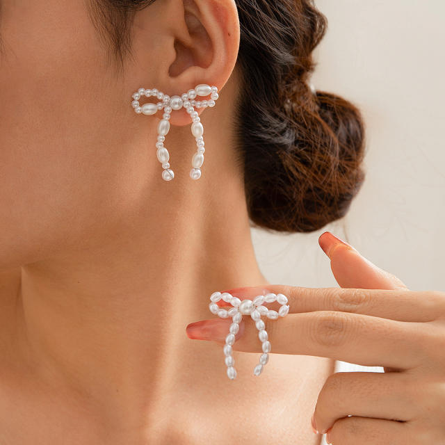 Imitation pearl bead bow bigger earrings