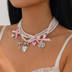 Silver heart bow charm imitation pearl bead layer necklace set