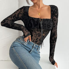 INS street sexy animal pattern flocking semi-transparent bodysuit