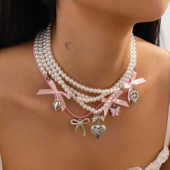 Silver heart bow charm imitation pearl bead layer necklace set