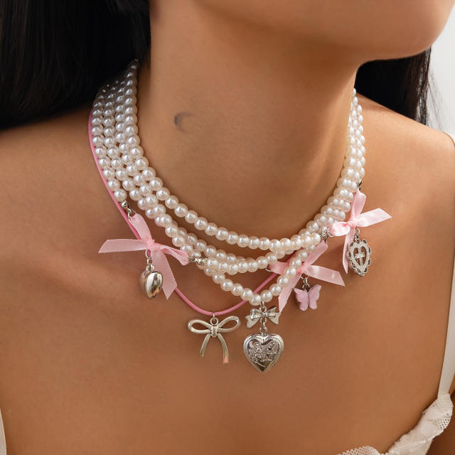 Silver heart bow charm imitation pearl bead layer necklace set