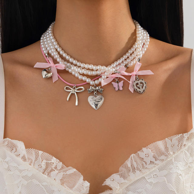 Silver heart bow charm imitation pearl bead layer necklace set