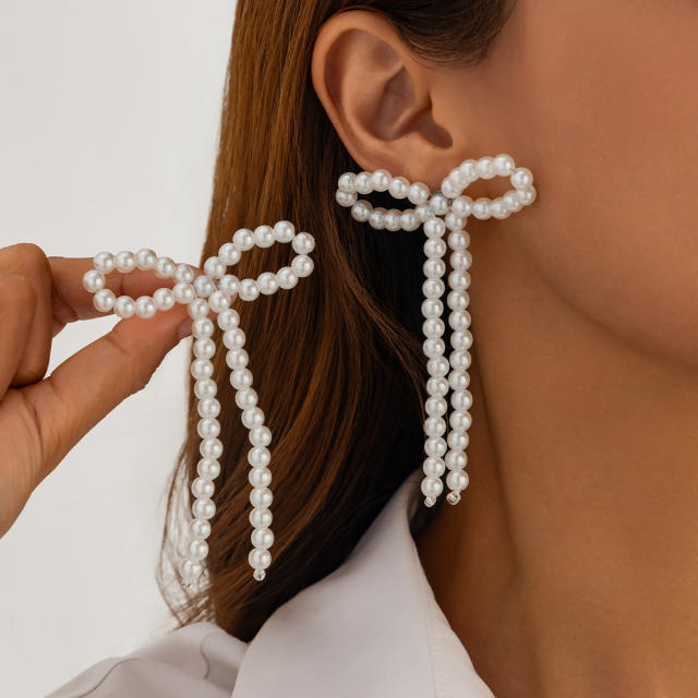 Imitation pearl bead bow bigger earrings