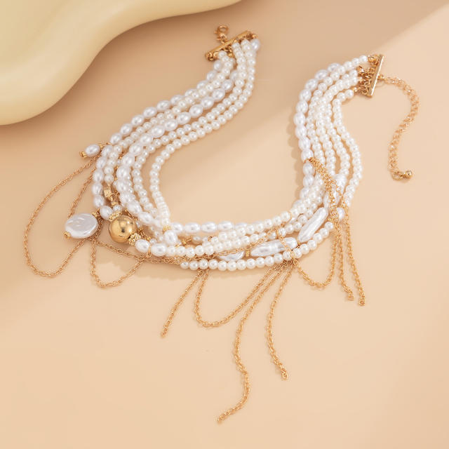 Irregular Imitation Pearl Vintage Necklace Metal Tassel High-end Stacked Choker Collar for Women