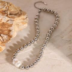 Silver color stainless steel ball bead baroque pearl necklace