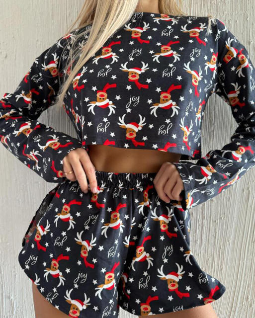 Amazon 2024 women pajamas suit Christmas reindeer printed long-sleeved top and shorts two-piece set