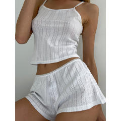 2024 Summer sexy knitted suspender shorts Women's Home wear jacquard White cool pajamas two-piece set