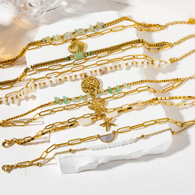 Beach trend colorful natural stone stainless steel chain bracelet