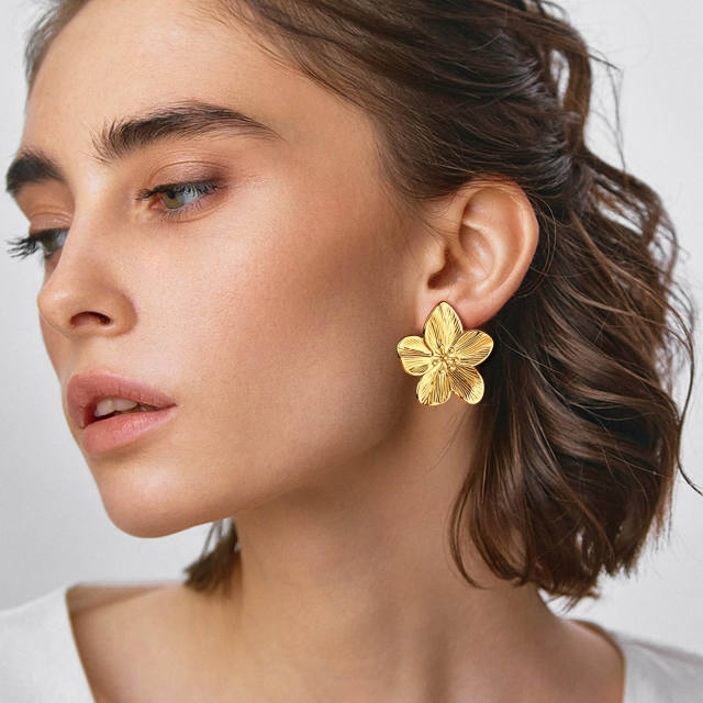 Fashion Stainless Steel Flower Element 18K Golden Ear Stud Earring