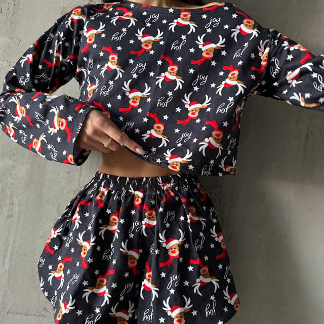 Amazon 2024 women pajamas suit Christmas reindeer printed long-sleeved top and shorts two-piece set