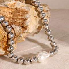 Silver color stainless steel ball bead baroque pearl necklace