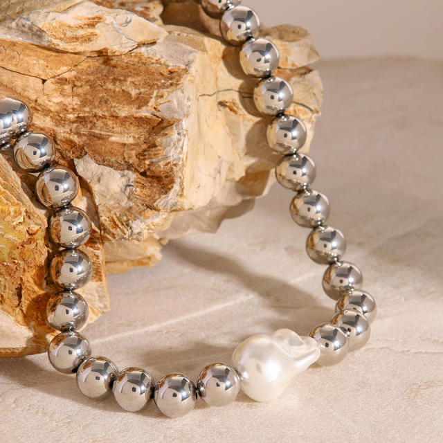 Silver color stainless steel ball bead baroque pearl necklace