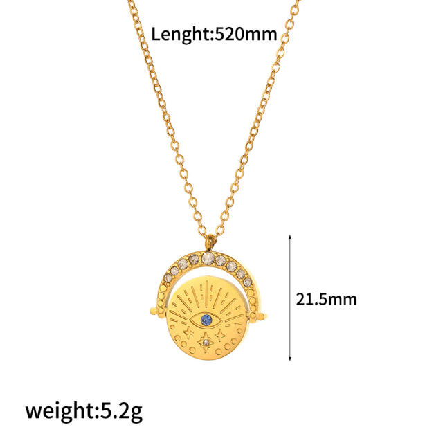 Dainty evil eye coin colorful cubic zircon geometric pendant stainelss steel necklace