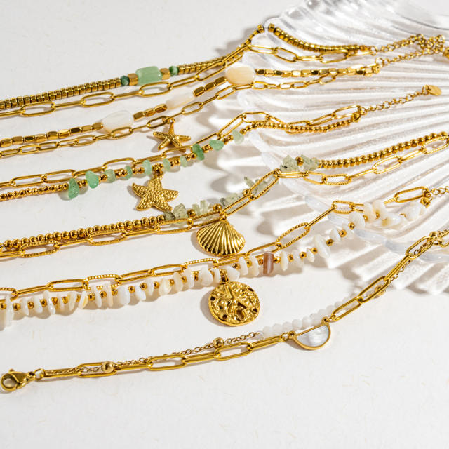 Beach trend colorful natural stone stainless steel chain bracelet