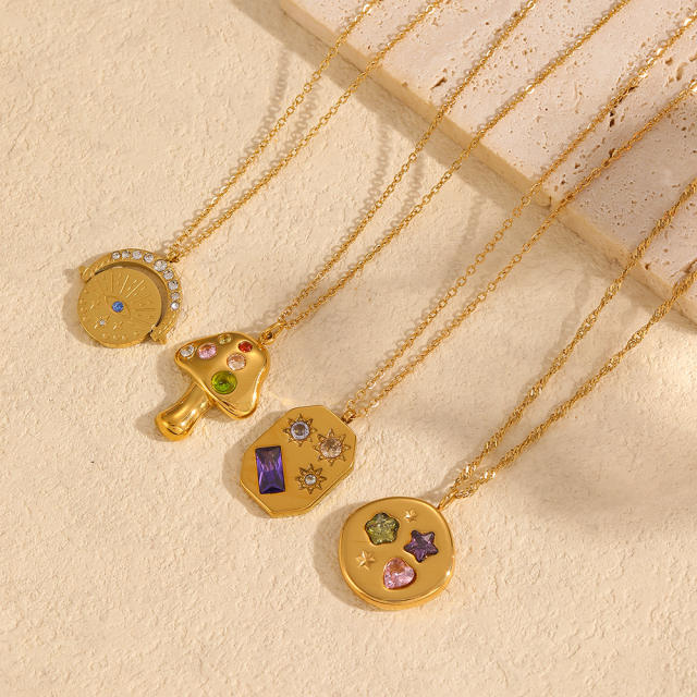 Dainty evil eye coin colorful cubic zircon geometric pendant stainelss steel necklace