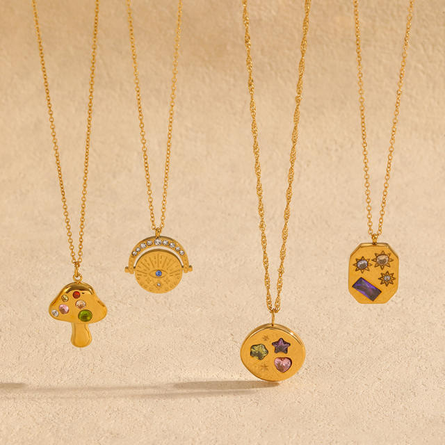 Dainty evil eye coin colorful cubic zircon geometric pendant stainelss steel necklace