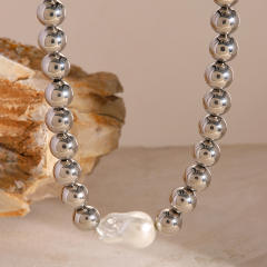 Silver color stainless steel ball bead baroque pearl necklace