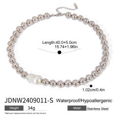 Silver color stainless steel ball bead baroque pearl necklace