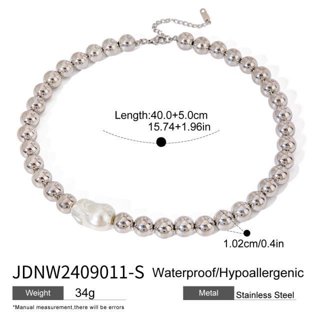 Silver color stainless steel ball bead baroque pearl necklace