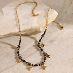 Vintage black natural stone bead stainless steel flower charm necklace