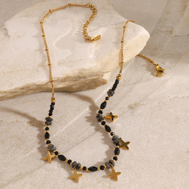 Vintage black natural stone bead stainless steel flower charm necklace