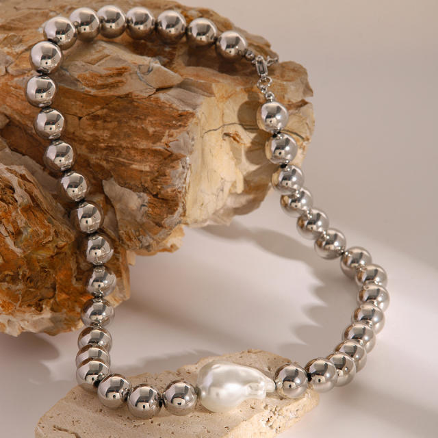Silver color stainless steel ball bead baroque pearl necklace