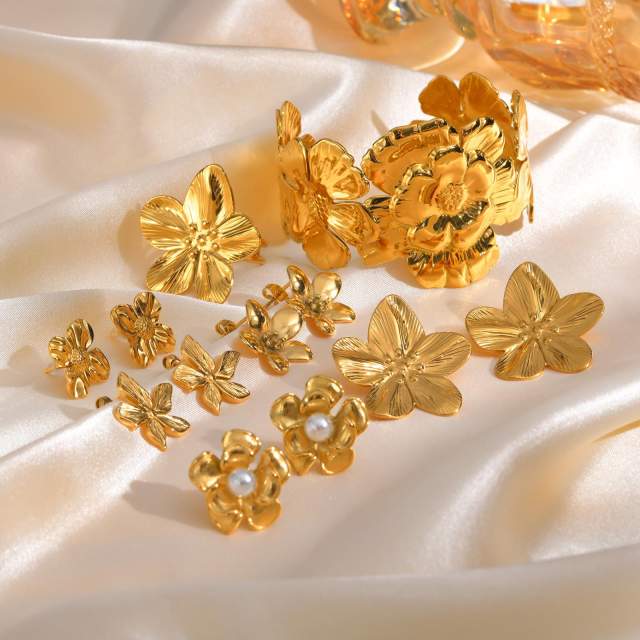 Fashion Stainless Steel Flower Element 18K Golden Ear Stud Earring