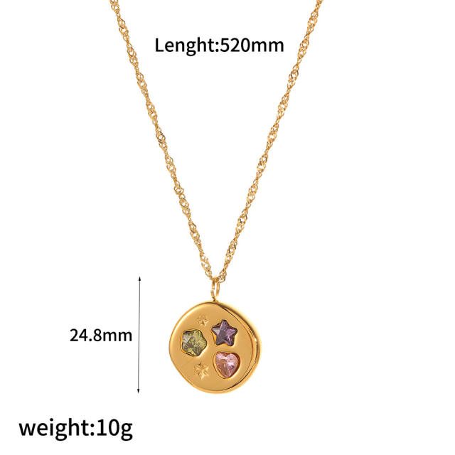 Dainty evil eye coin colorful cubic zircon geometric pendant stainelss steel necklace