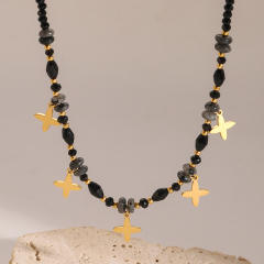 Vintage black natural stone bead stainless steel flower charm necklace