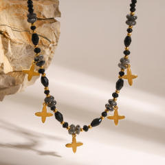 Vintage black natural stone bead stainless steel flower charm necklace