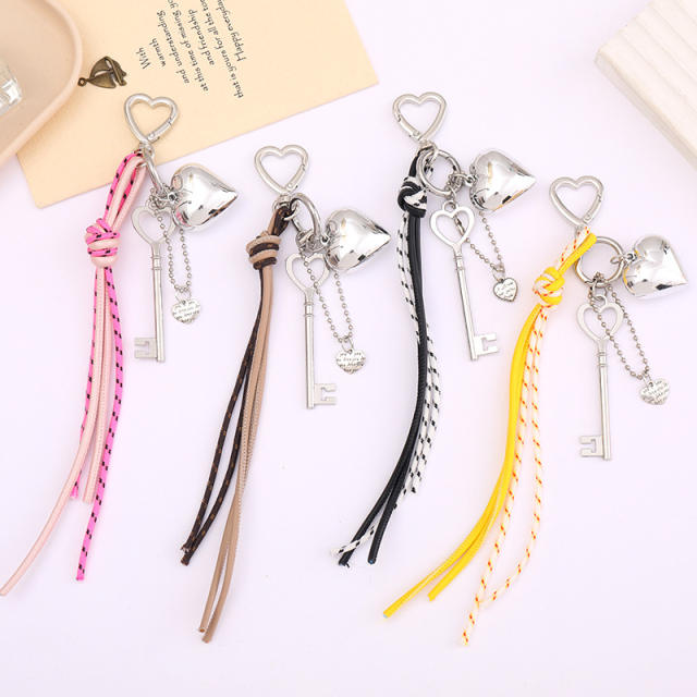 Silver metal heart key charm pu leather tassel keychain bag charm pendant