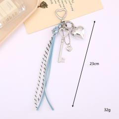 Silver metal heart key charm pu leather tassel keychain bag charm pendant