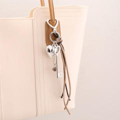Silver metal heart key charm pu leather tassel keychain bag charm pendant