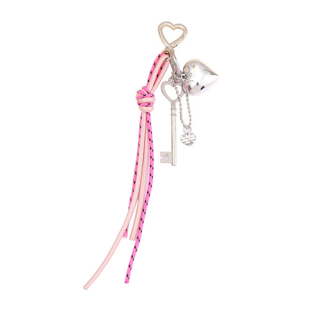 Silver metal heart key charm pu leather tassel keychain bag charm pendant