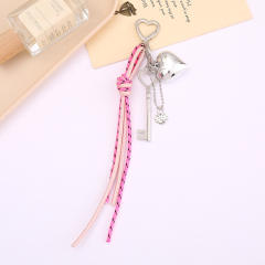 Silver metal heart key charm pu leather tassel keychain bag charm pendant