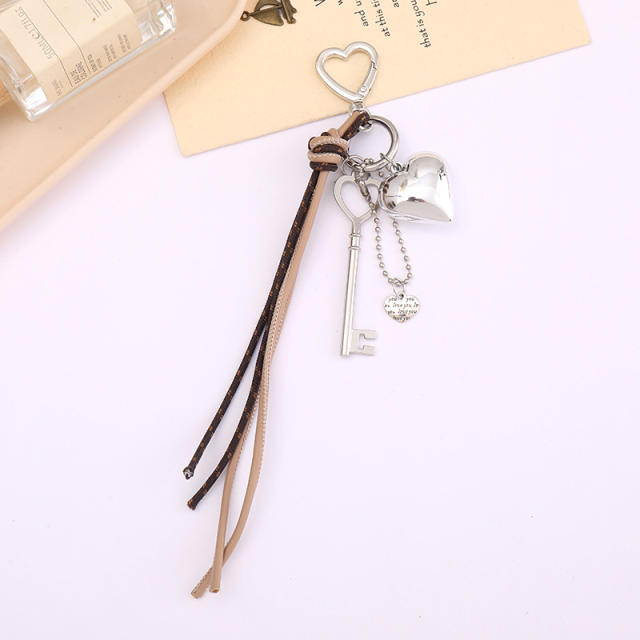 Silver metal heart key charm pu leather tassel keychain bag charm pendant