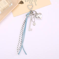 Silver metal heart key charm pu leather tassel keychain bag charm pendant