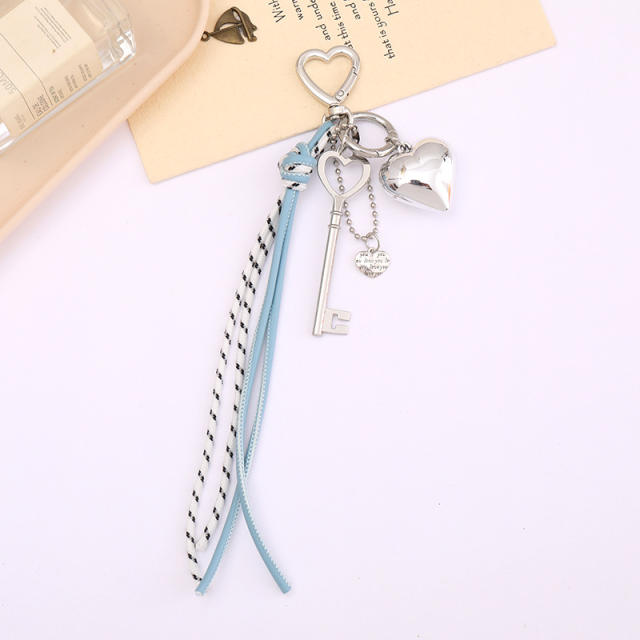 Silver metal heart key charm pu leather tassel keychain bag charm pendant