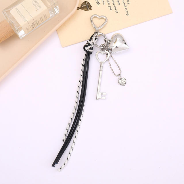 Silver metal heart key charm pu leather tassel keychain bag charm pendant