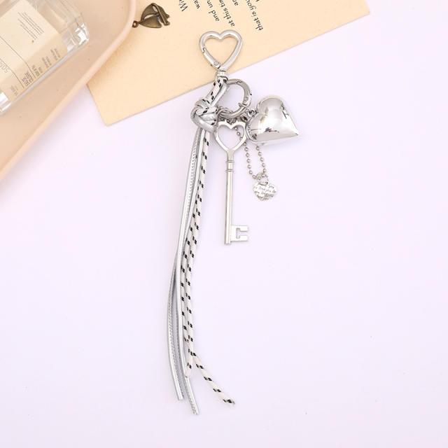 Silver metal heart key charm pu leather tassel keychain bag charm pendant